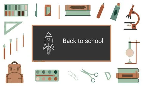 Back to school. Set of school supplies for training. Banner, background. Flat Stock Illustration