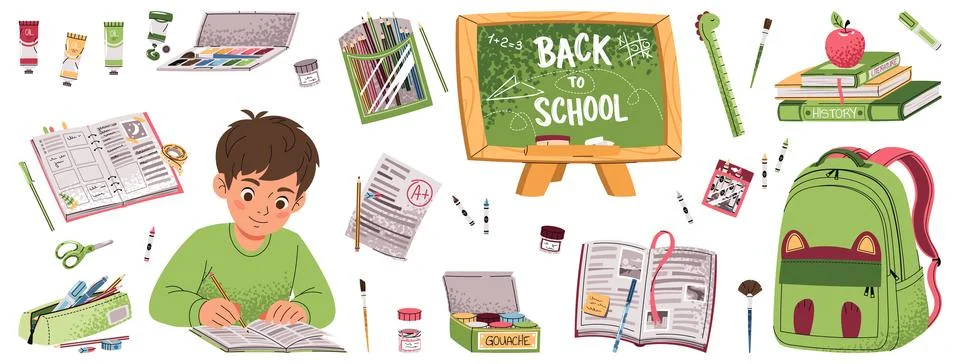 Back to School Set with Student, Notebooks, Books, Stationery and Backpack. Flat Illustrazione stock