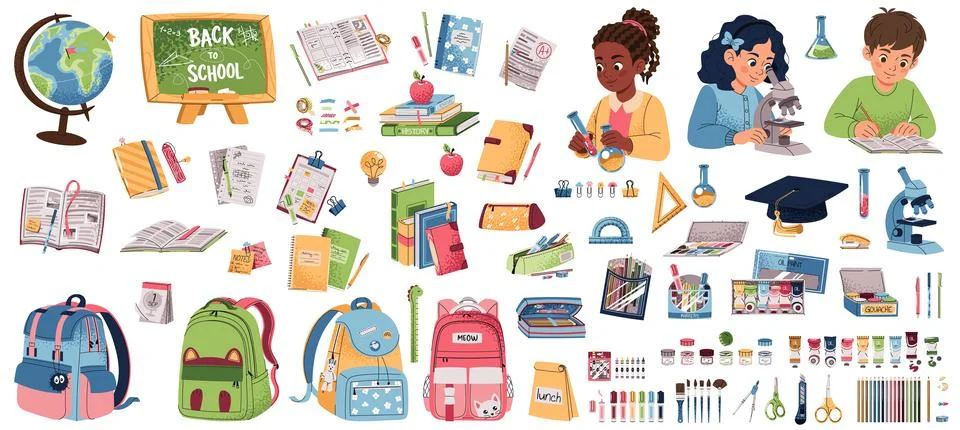 Back to School Set with Students, Backpacks, Art Supplies and Stationery. School Stock Illustration
