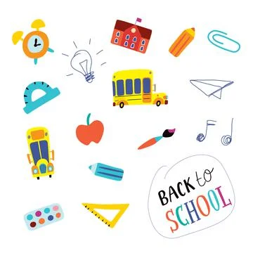 Back to school. Set in vector. Childish illustration on a white background.  Illustrazione stock