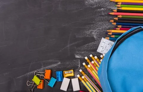 Back to school shopping backpack, Accessories in student blue bag Stock Photos