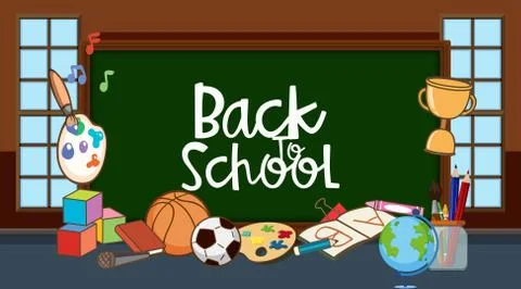 Back to school sign in classroom with school equipments Illustrazione stock