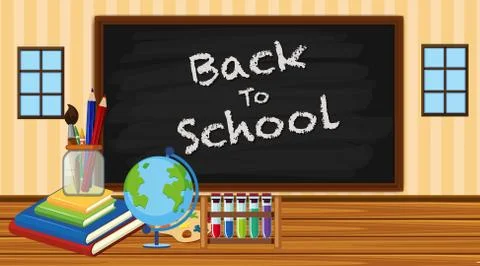 Back to school sign in classroom with school equipments Illustrazione stock