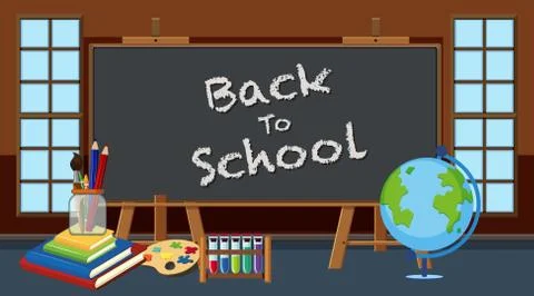Back to school sign in classroom with school equipments 스톡 일러스트