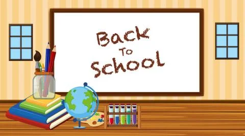 Back to school sign in classroom with school equipments Illustrazione stock