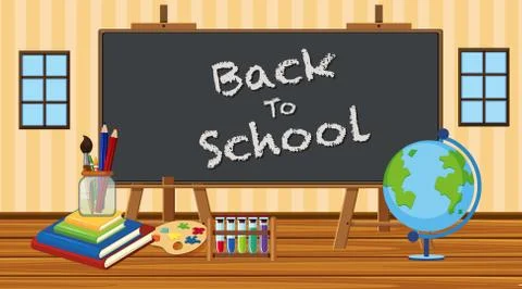 Back to school sign in classroom with school equipments Illustrazione stock