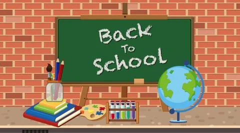 Back to school sign in classroom with school equipments Stock Illustration