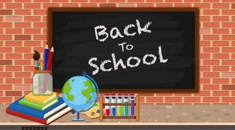 Back to school sign in classroom with school equipments Stock Illustration