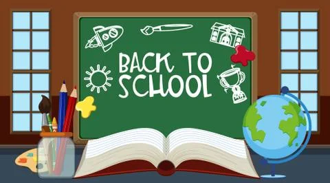 Back to school sign in classroom with school equipments Stock Illustration