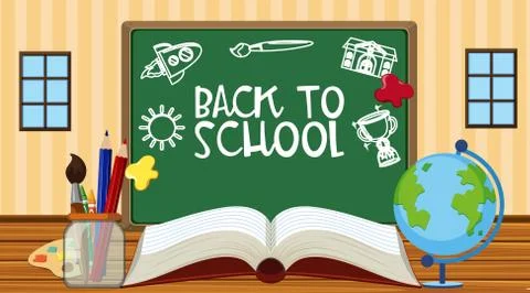 Back to school sign in classroom with school equipments Stock Illustration