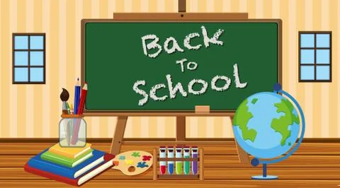 Back to school sign in classroom with school equipments Stock Illustration