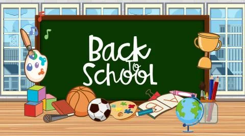 Back to school sign in classroom with school equipments Stock Illustration