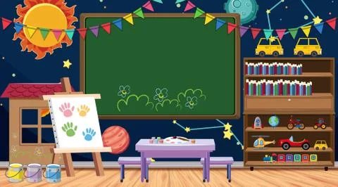 Back to school sign with many school items in classroom Stock Illustration