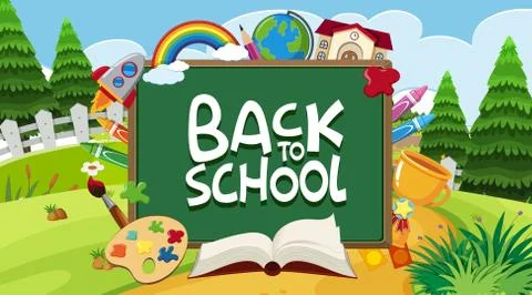 Back to school sign with many school items in the park background Ilustración de archivo