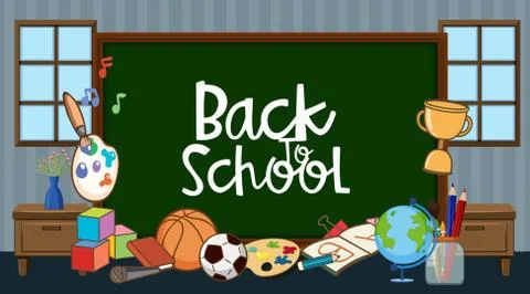 Back to school sign with many school items in classroom Stock Illustration