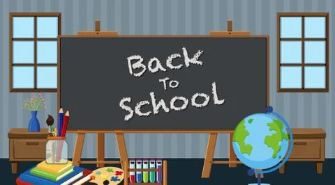 Back to school sign with many school items in classroom Stock Illustration