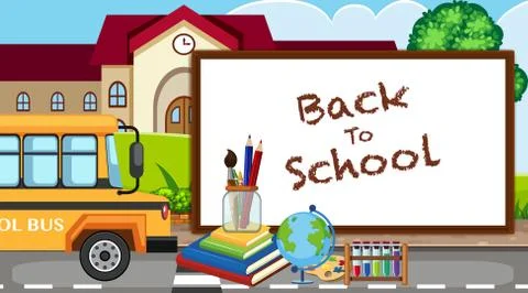 Back to school sign with school items at school building Ilustración de archivo