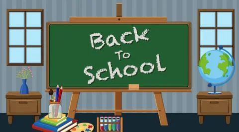 Back to school sign with school items in classroom Stock Illustration