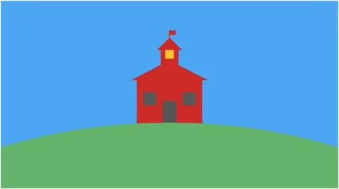 Back to School Simple cartoon illustration of a red schoolhouse on a grassy.. Stock Illustration