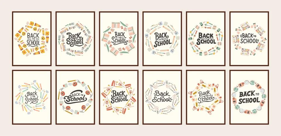 Back to school simple poster big set. Trendy school banners, backgrounds. Modern Stock Illustration