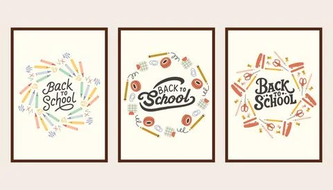 Back to school simple poster set. Trendy school banners, backgrounds. Modern Stock Illustration
