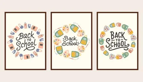 Back to school simple poster set. Trendy school banners, backgrounds. Modern Stock Illustration