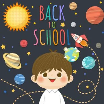 Back to School with smiling children, space and solar system concept backgrou Stock Illustration