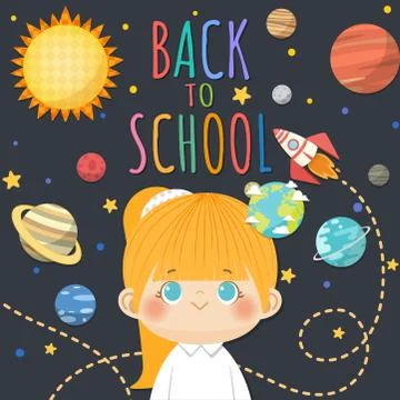 Back to School with smiling children, space and solar system concept backgrou Illustrazione stock