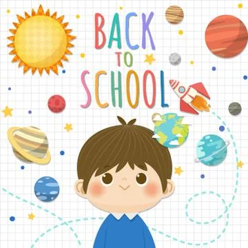 Back to School with smiling children, space and solar system concept backgrou Illustrazione stock