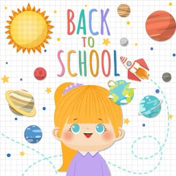 Back to School with smiling children, space and solar system concept backgrou Illustrazione stock