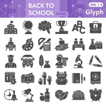 Back to school solid icon set, school symbols collection or sketches. Education Stock Illustration