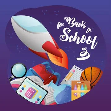 Back to school spaceship backpack ball notepad and others supplies poster イラスト素材
