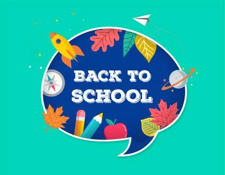 Back to school, speech bubble with many education icons, elements. Vector Illustrazione stock