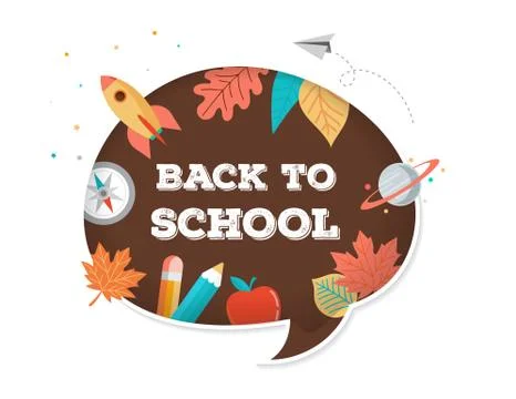 Back to school, speech bubble with many education icons, elements. Vector Stock Illustration