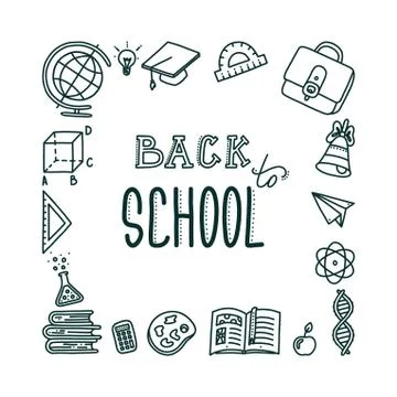 Back to school square banner. Hand drawn objects for students and pupils. Vector Stock Illustration