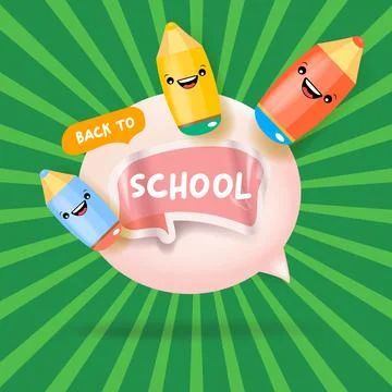 Back to school square banner vector illustration with kawaii pencil characters Stock Illustration