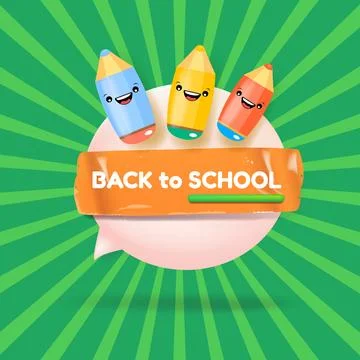 Back to school square banner vector illustration with kawaii pencil characters Illustrazione stock