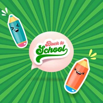 Back to school square banner vector illustration with kawaii pencil characters Stock Illustration