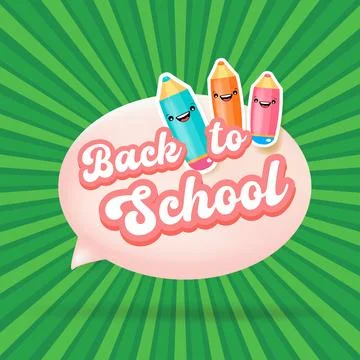 Back to school square banner vector illustration with kawaii pencil characters Illustrazione stock