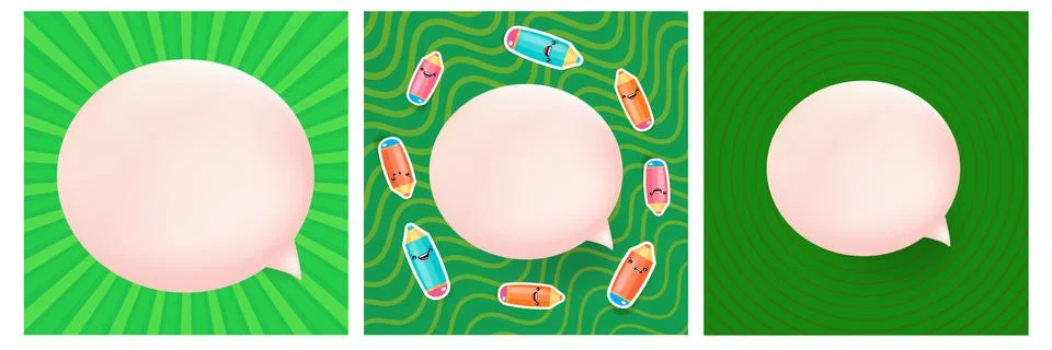 Back to school square poster set vector illustration. Cute kawaii pencils Stock Illustration