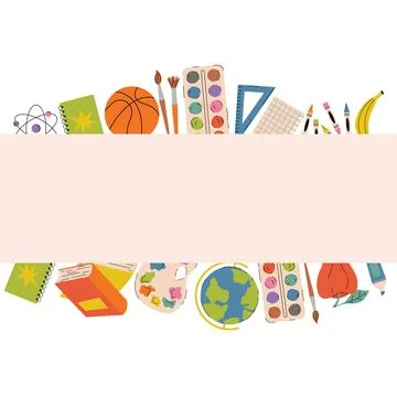 Back to School square poster with top and bottom borders of school and art .. Illustrazione stock