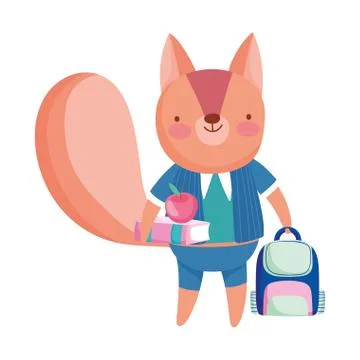 Back to school, squirrel with book apple backpack cartoon Stock Illustration