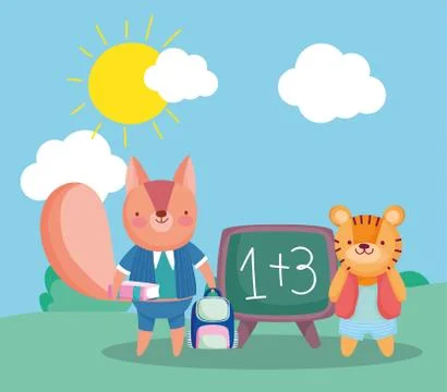 Back to school, squirrel with book backpack and tiger outdoor cartoon Stock Illustration