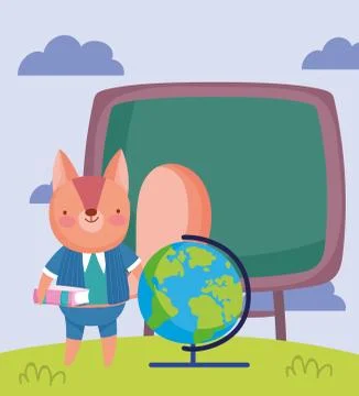 Back to school, squirrel with book chalkboard globe map Stock Illustration
