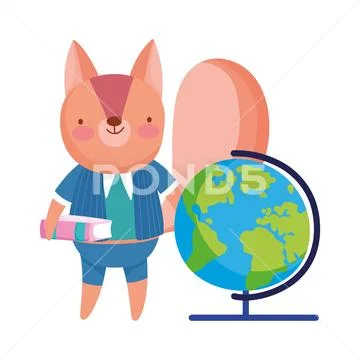 Back to school, squirrel with book globe map cartoon Stock Illustrationen