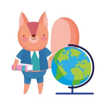 Back to school, squirrel with book globe map cartoon Stock Illustration