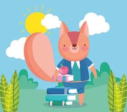 Back to school, squirrel with books apple cartoon outdoor Stock Illustration