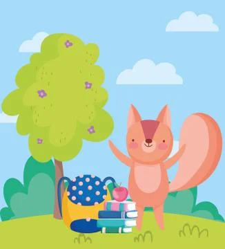 Back to school, squirrel books backpack and apple Stock Illustration