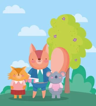 Back to school, squirrel koala and fox students outdoors Stock Illustration
