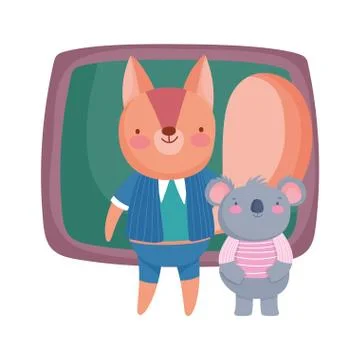 Back to school, squirrel koala chalkboard students cartoon Stock Illustration